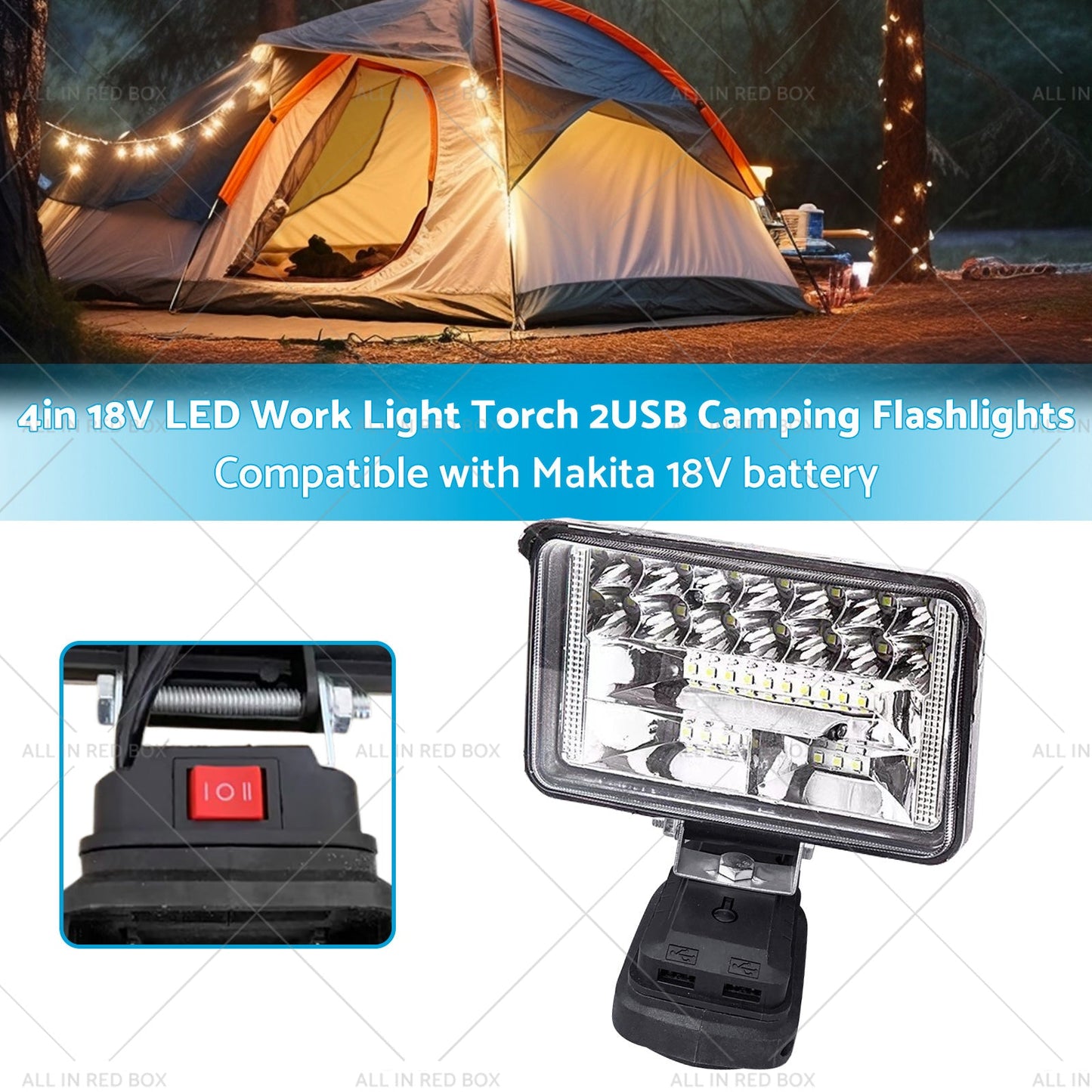 18V 4" LED-työvalo Taskulamppu Retkeilyyn 2USB – Sopii Makita-akkuun