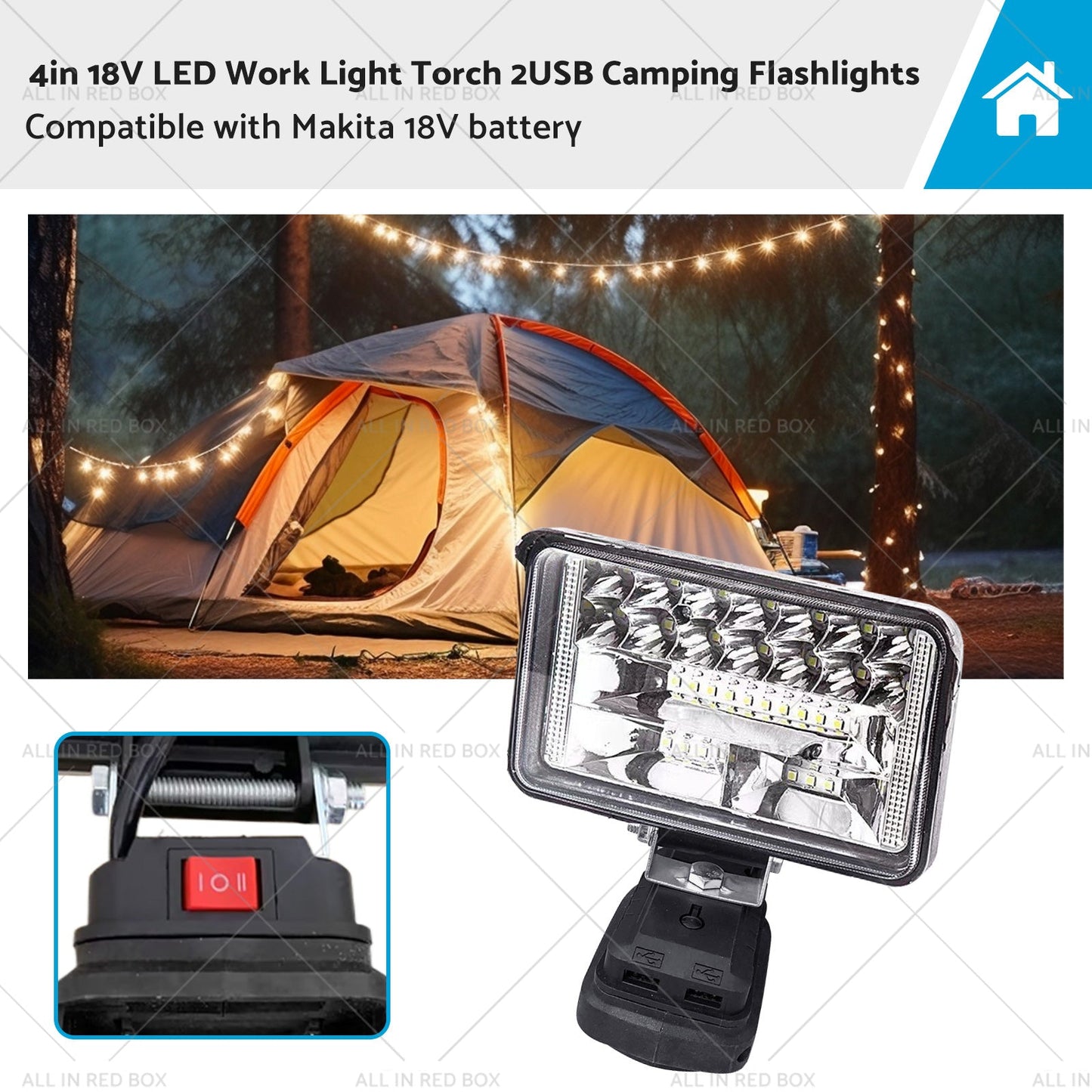 18V 4" LED-työvalo Taskulamppu Retkeilyyn 2USB – Sopii Makita-akkuun